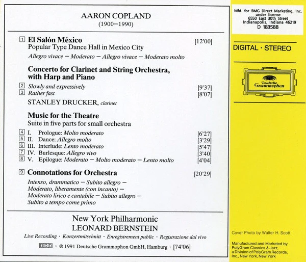 Aaron Copland - Stanley Drucker, New York Philharmonic, Leonard Bernstein - El Salón México / Clarinet Concerto / Connotations / Music For The Theatre (CD) - Image 2