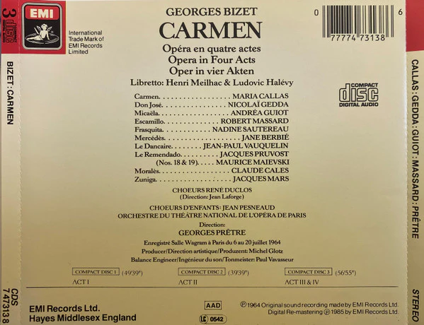 Georges Bizet / Maria Callas, Nicolai Gedda, Andréa Guiot, Robert Massard, Les Chœurs René Duclos, Orchestre National De L'Opéra De Paris, Georges Prêtre - Carmen (CD) - Image 2