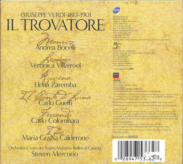 Andrea Bocelli · Verónica Villarroel · Elena Zaremba · Carlo Guelfi · Carlo Colombara, Coro Del Teatro Massimo Bellini Di Catania, Steven Mercurio - Verdi · Il Trovatore (CD) - Image 2