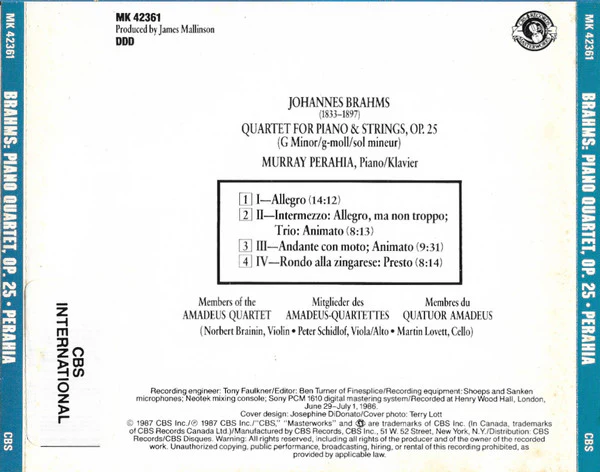 Johannes Brahms, Murray Perahia, Amadeus-Quartett - Piano Quartet, Op.25 (CD) - Image 2