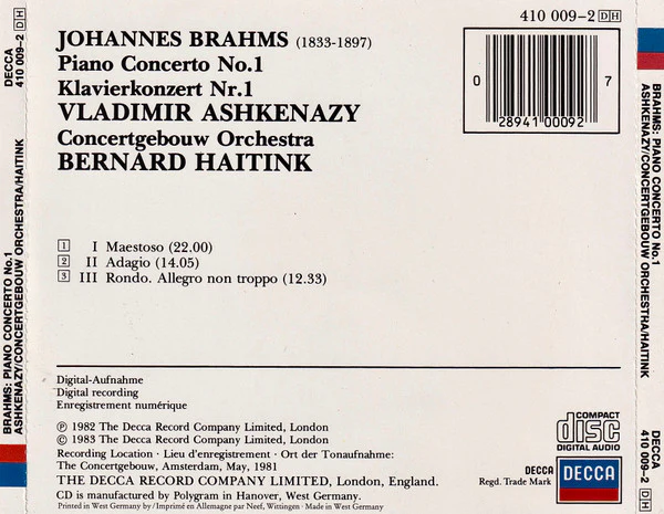 Brahms* / Vladimir Ashkenazy, Concertgebouw Orchestra*, Bernard Haitink - Piano Concerto No.1 (Klavierkonzert Nr.1) (CD) - Image 2