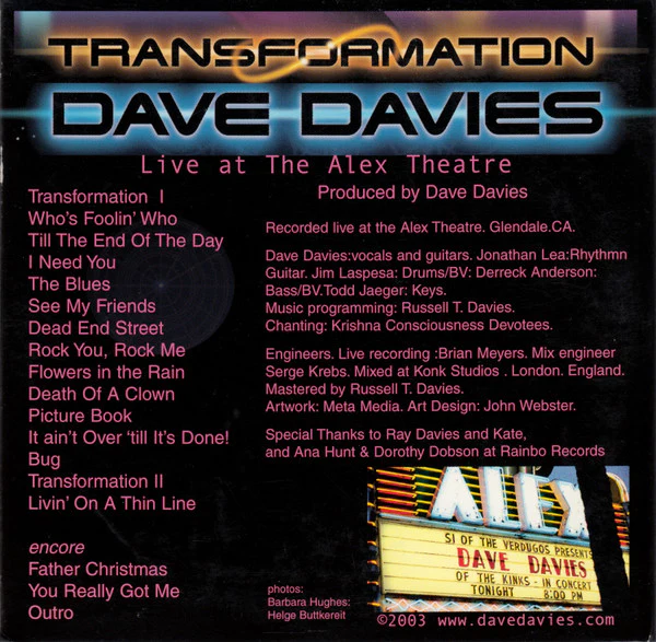 Dave Davies - Transformation (Live At The Alex Theatre) (CD) - Image 2