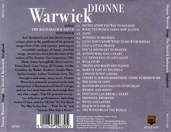 Dionne Warwick - Dionne Warwick Sings The Bacharach & David Songbook (CD) - Image 2