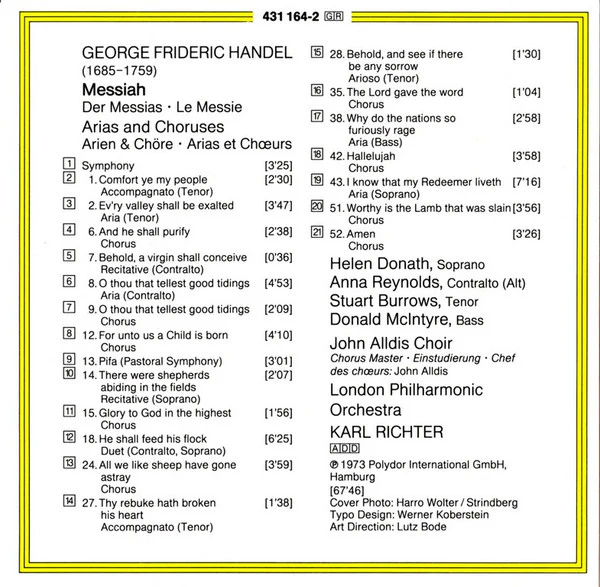 Georg Friedrich Händel – John Alldis Choir, London Philharmonic Orchestra, Karl Richter - Der Messias - Arien Und Chöre (CD) - Image 4