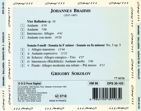 Grigory Sokolov, Johannes Brahms - Ballades op 10 • Sonata op 5 in F minor (CD) - Image 3