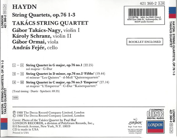 Haydn* - Takács Quartet - String Quartets, Op. 76 1-3 (CD) - Image 3