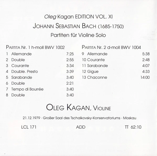 Johann Sebastian Bach - Oleg Kagan - Partiten Für Violine Solo BWV 1002 & No. 2 BWV 1004 (CD) - Image 3