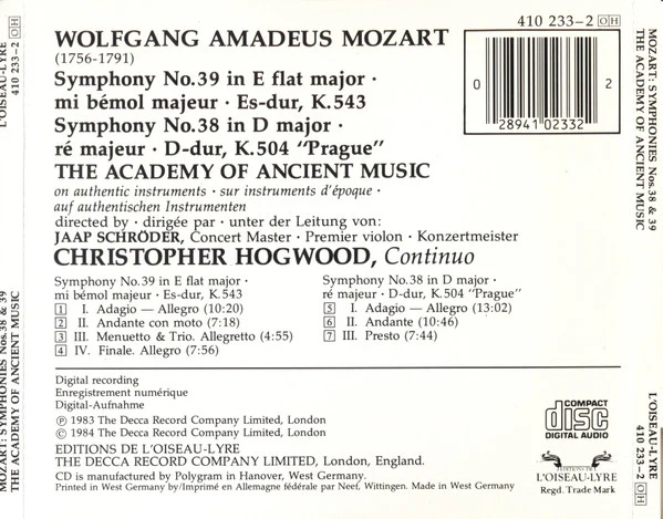 Wolfgang Amadeus Mozart - The Academy Of Ancient Music, Jaap Schröder, Christopher Hogwood - Symphony No. 38 "Prague" • Symphony No. 39 (CD) - Image 2
