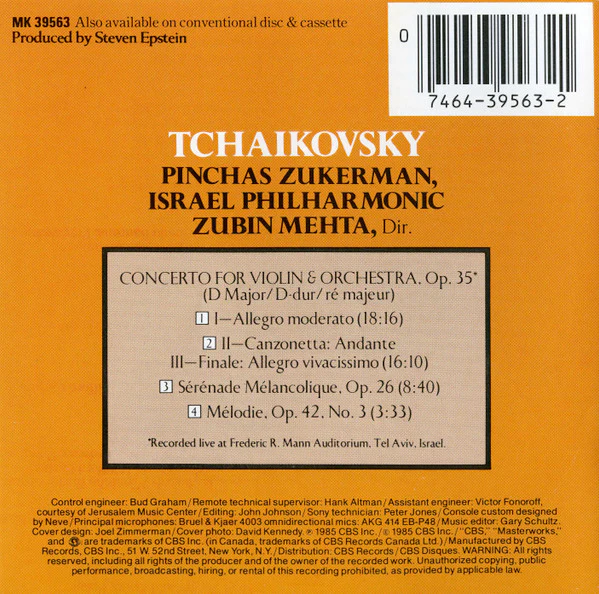 Pinchas Zukerman, Pyotr Ilyich Tchaikovsky, Israel Philharmonic Orchestra, Zubin Mehta - Violin Concerto • Mélodie • Sérénade mélancolique (CD) - Image 5