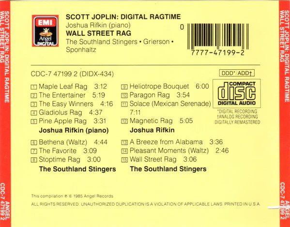 Scott Joplin, Joshua Rifkin, The Southland Stingers - Digital Ragtime: Wall Street Rag (CD) - Image 2
