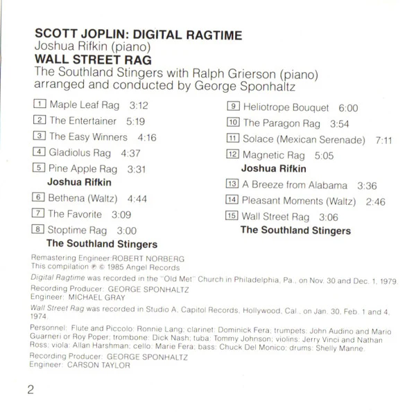 Scott Joplin, Joshua Rifkin, The Southland Stingers - Digital Ragtime: Wall Street Rag (CD) - Image 4