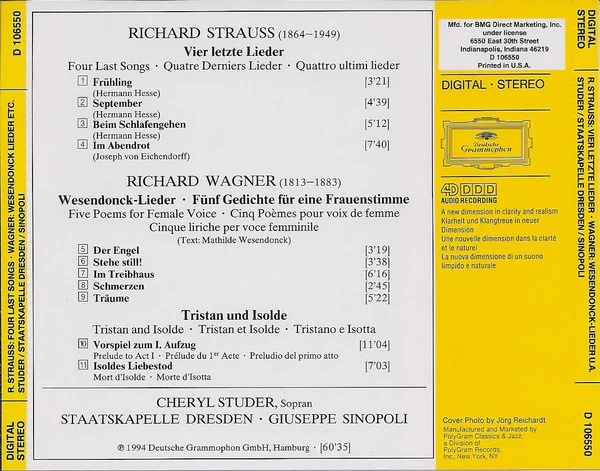 Strauss* · Wagner* - Cheryl Studer • Staatskapelle Dresden • Giuseppe Sinopoli - Vier Letzte Lieder • Wesendonck-Lieder • Tristan Und Isolde (CD) - Image 2