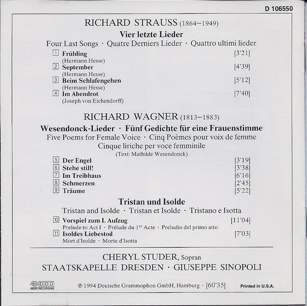 Strauss* · Wagner* - Cheryl Studer • Staatskapelle Dresden • Giuseppe Sinopoli - Vier Letzte Lieder • Wesendonck-Lieder • Tristan Und Isolde (CD) - Image 4