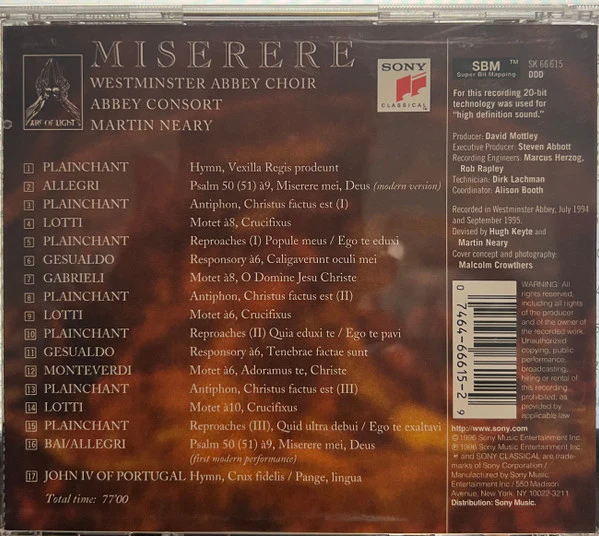 The Choir Of Westminster Abbey, Abbey Consort, Martin Neary  - Miserere (CD) - Image 2