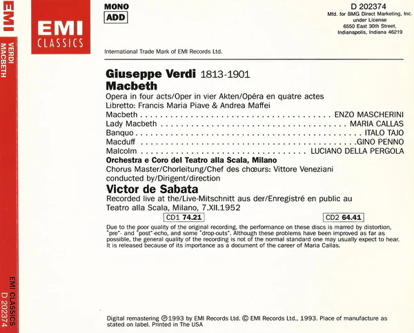 Giuseppe Verdi / Maria Callas / Enzo Mascherini / Italo Tajo / Gino Penno / Coro Del Teatro Alla Scala E Orchestra Del Teatro Alla Scala, Victor De Sabata - Macbeth (CD) - Image 3