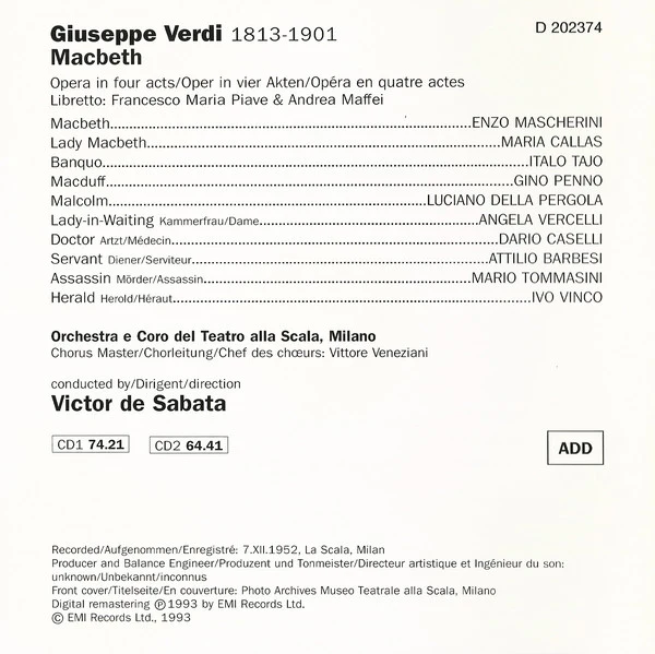 Giuseppe Verdi / Maria Callas / Enzo Mascherini / Italo Tajo / Gino Penno / Coro Del Teatro Alla Scala E Orchestra Del Teatro Alla Scala, Victor De Sabata - Macbeth (CD) - Image 5
