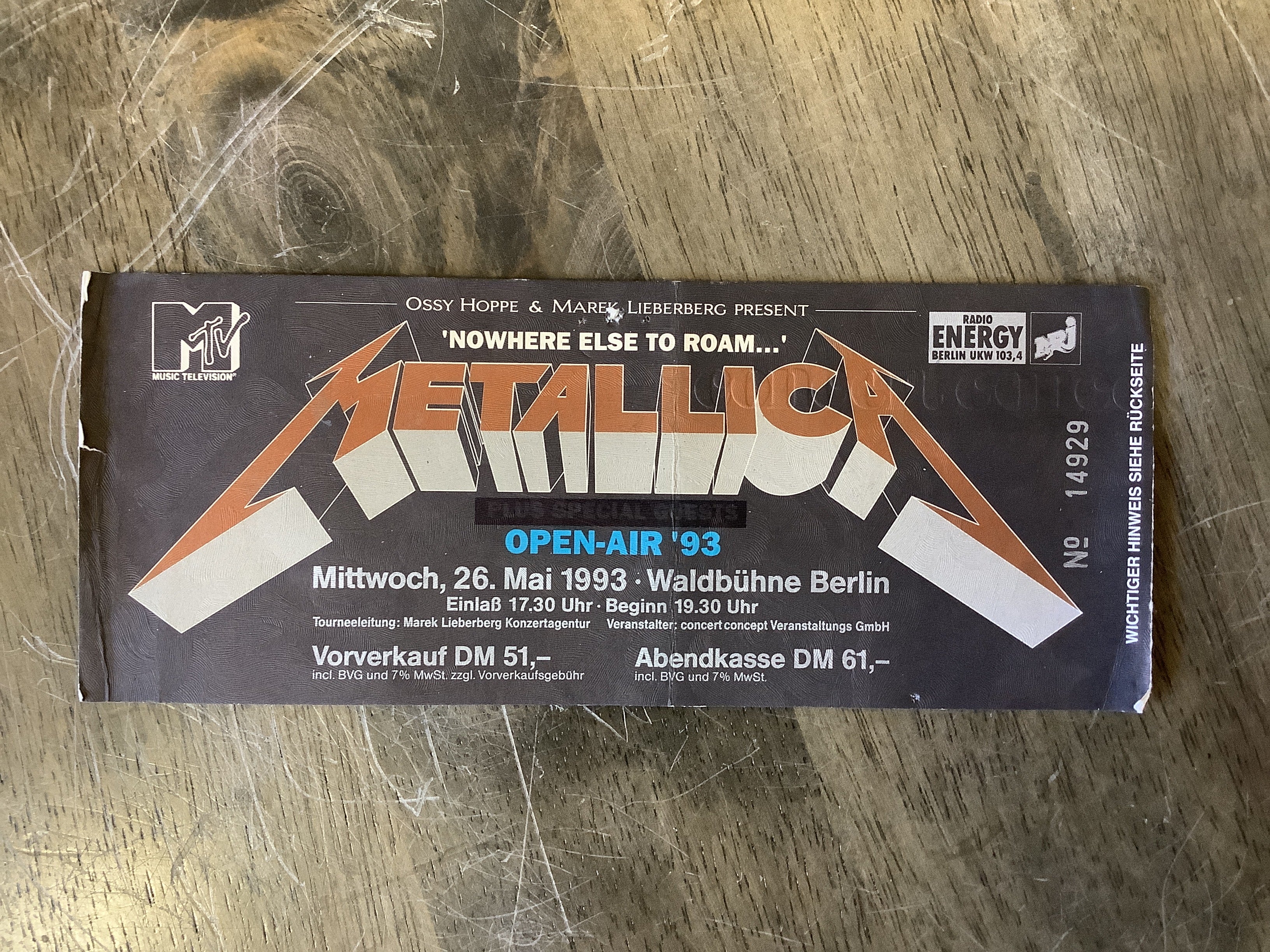 Vintage Metallica Concert Ticket - Waldbühne Berlin 5/26/1993