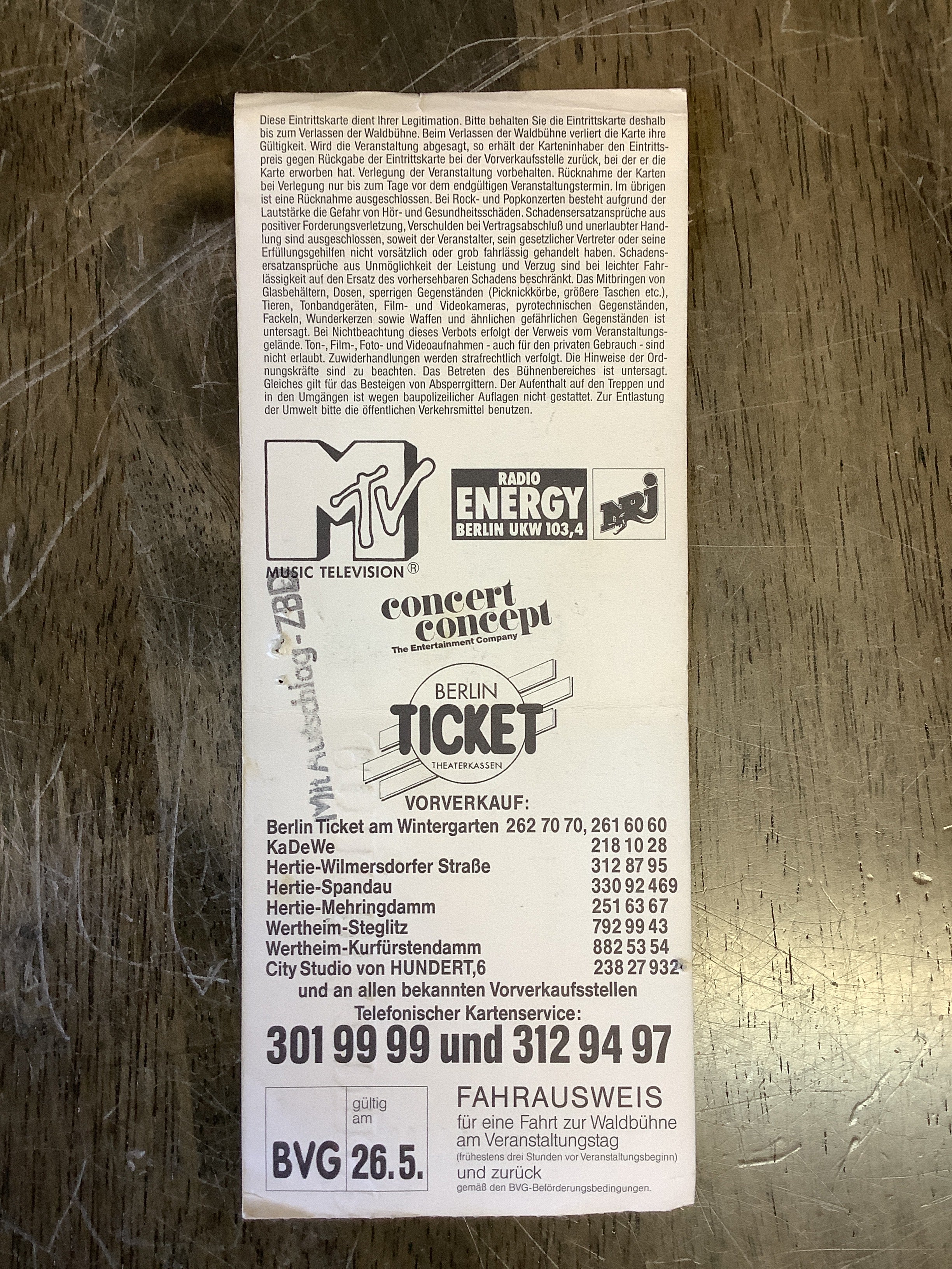 Vintage Metallica Concert Ticket - Waldbühne Berlin 5/26/1993 - Image 2