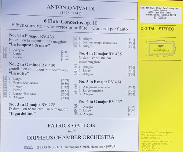 Vivaldi* - Patrick Gallois, Orpheus Chamber Orchestra - 6 Flute Concertos Op. 10 (CD) - Image 2