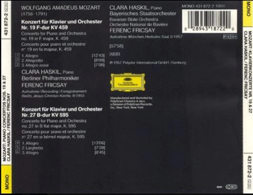 Wolfgang Amadeus Mozart, Clara Haskil, Berliner Philharmoniker / Bayerisches Staatsorchester, Ferenc Fricsay - Konzert Für Klavier Und Orchester Nr. 19 F-dur KV 459 / Konzert Für Klavier Und Orchester Nr. 27 B-dur KV 595 (CD) - Image 2