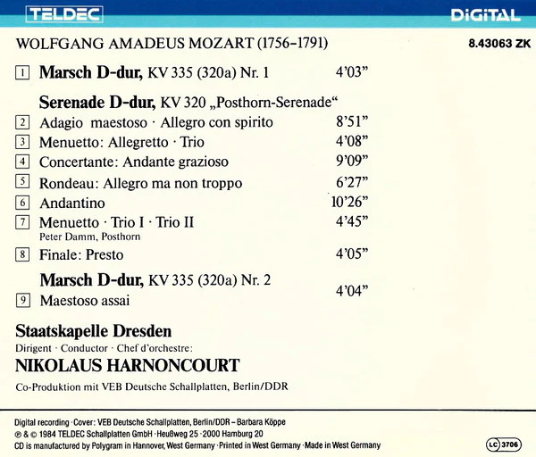 Wolfgang Amadeus Mozart - Staatskapelle Dresden, Nikolaus Harnoncourt - Posthorn-Serenade, KV 320 ∙ Marches, KV 335 (CD) - Image 2